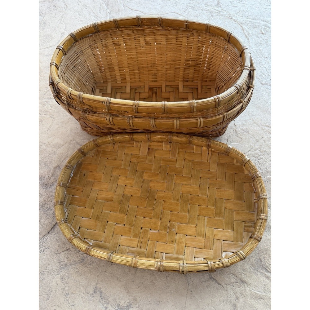 Vintage Oval Woven Lidded Wicker Basket Bamboo Boho Sewing Storage 12"